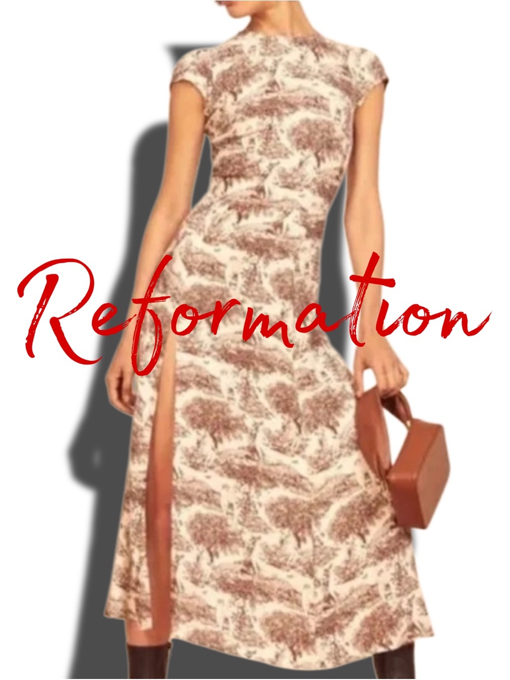 Reformation GAVIN Cream and Brown Printed Cap-Slit Midi Dress